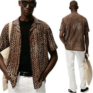 NWT Zara Men's Leaf Lightweight Black Brown Button Up Short Sleeve Shirt Top XL